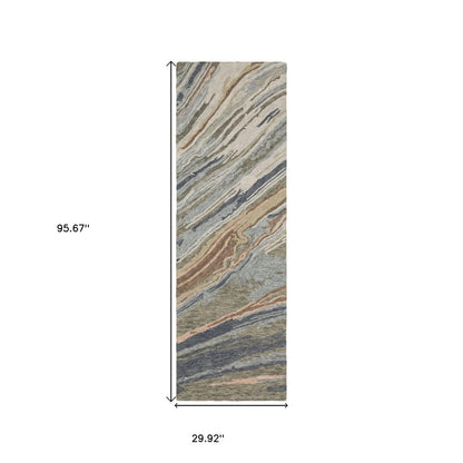 8' Gray And Blue Wool Abstract Hand Tufted Runner Rug