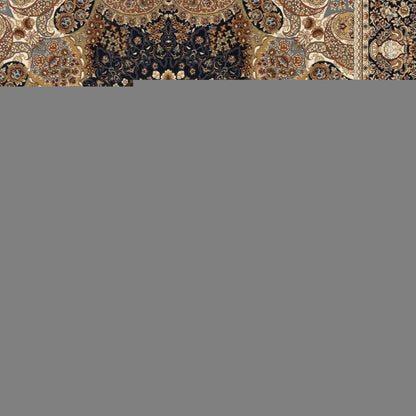 8' X 11' Navy Blue Light Brown And Ivory Medallion Area Rug With Fringe