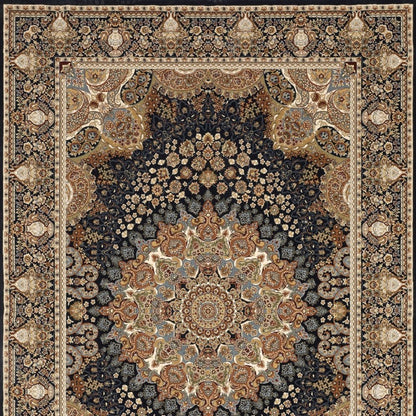 8' X 11' Navy Blue Light Brown And Ivory Medallion Area Rug With Fringe
