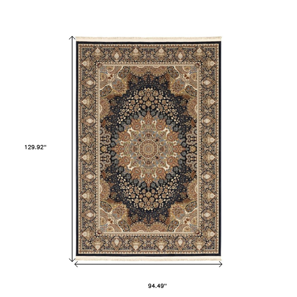 8' X 11' Navy Blue Light Brown And Ivory Medallion Area Rug With Fringe