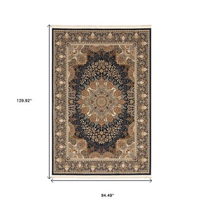 8' X 11' Navy Blue Light Brown And Ivory Medallion Area Rug With Fringe