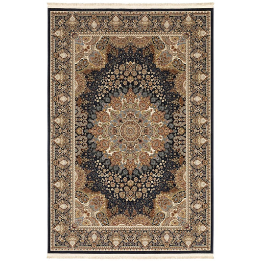 8' X 11' Navy Blue Light Brown And Ivory Medallion Area Rug With Fringe