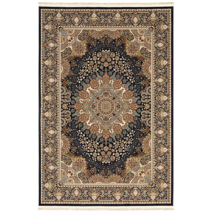 8' X 11' Navy Blue Light Brown And Ivory Medallion Area Rug With Fringe