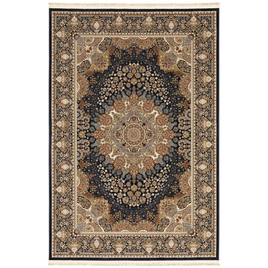 8' X 11' Navy Blue Light Brown And Ivory Medallion Area Rug With Fringe