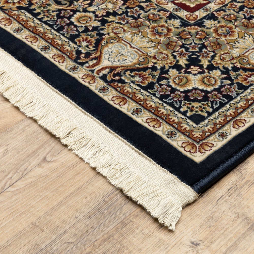 8' X 11' Navy Blue Light Brown And Ivory Medallion Area Rug With Fringe
