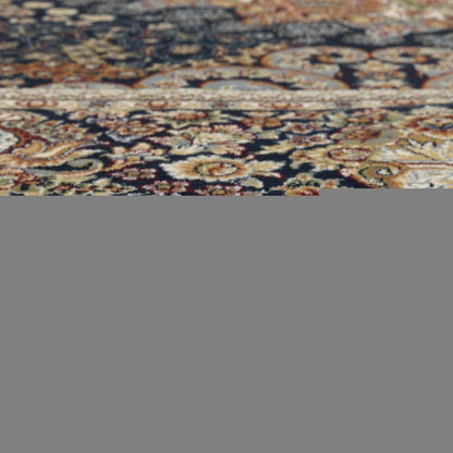 8' X 11' Navy Blue Light Brown And Ivory Medallion Area Rug With Fringe