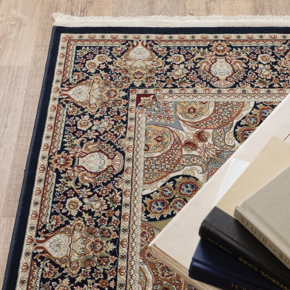 8' X 11' Navy Blue Light Brown And Ivory Medallion Area Rug With Fringe