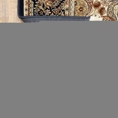 8' X 11' Navy Blue Light Brown And Ivory Medallion Area Rug With Fringe