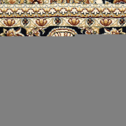 8' X 11' Navy Blue Light Brown And Ivory Medallion Area Rug With Fringe