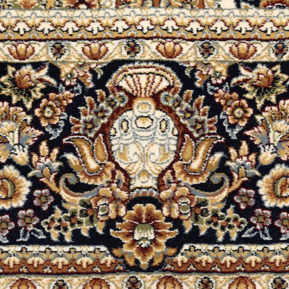 8' X 11' Navy Blue Light Brown And Ivory Medallion Area Rug With Fringe