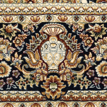 8' X 11' Navy Blue Light Brown And Ivory Medallion Area Rug With Fringe