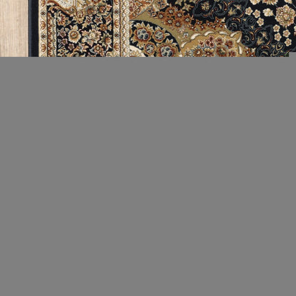 8' X 11' Navy Blue Light Brown And Ivory Medallion Area Rug With Fringe