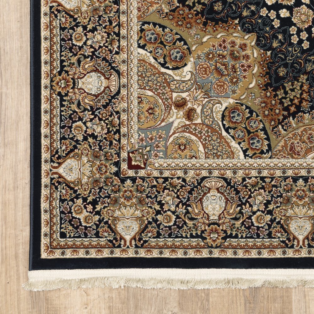 8' X 11' Navy Blue Light Brown And Ivory Medallion Area Rug With Fringe