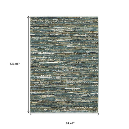 8' X 11' Blue Brown And Ivory Striped Area Rug