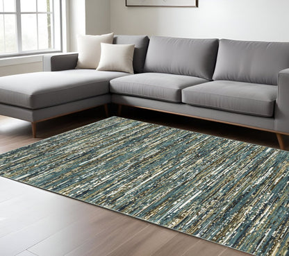 8' X 11' Blue Brown And Ivory Striped Area Rug