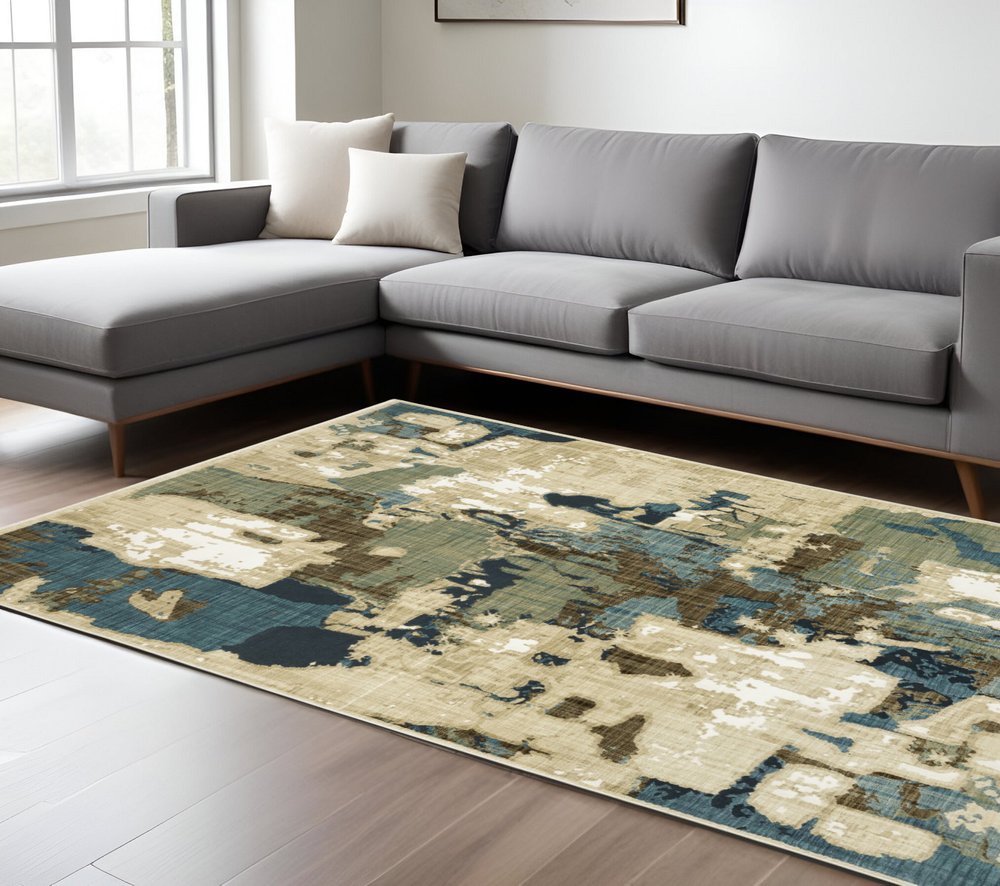 8' X 11' Beige Brown And Blue Abstract Area Rug
