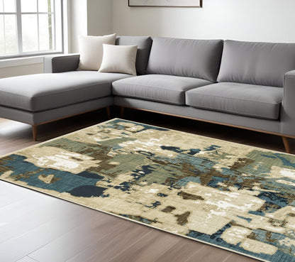 8' X 11' Beige Brown And Blue Abstract Area Rug
