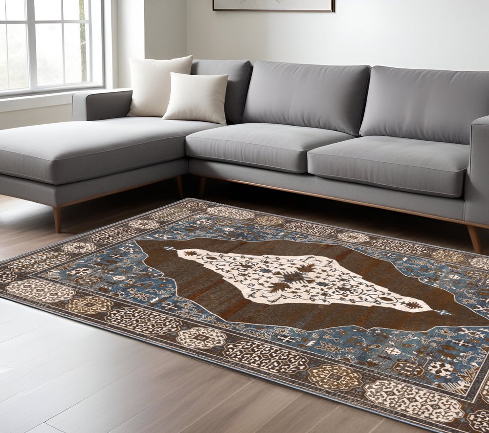 8' X 11' Gray And Blue Medallion Area Rug