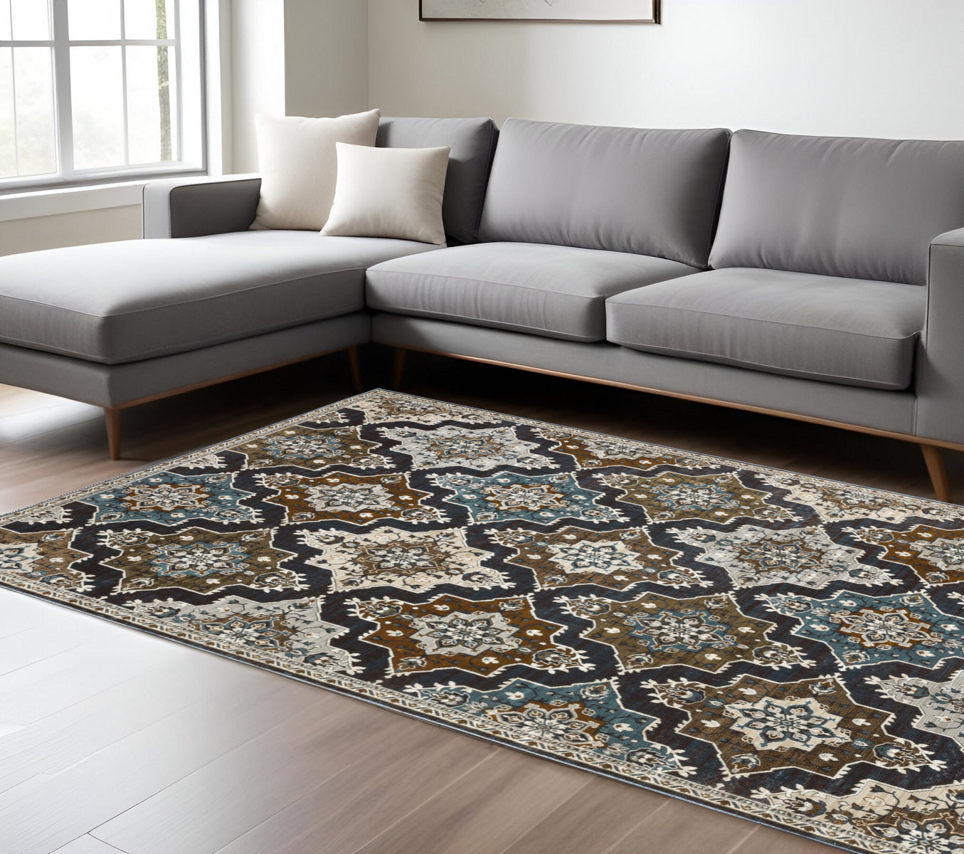 8' X 11' Gray And Blue Medallion Area Rug