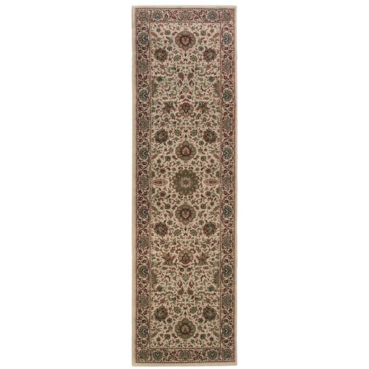 9' Ivory And Green Oriental Runner Rug