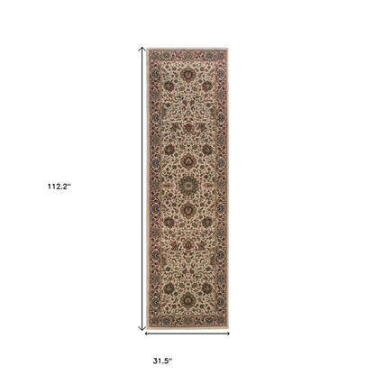 9' Ivory And Green Oriental Runner Rug