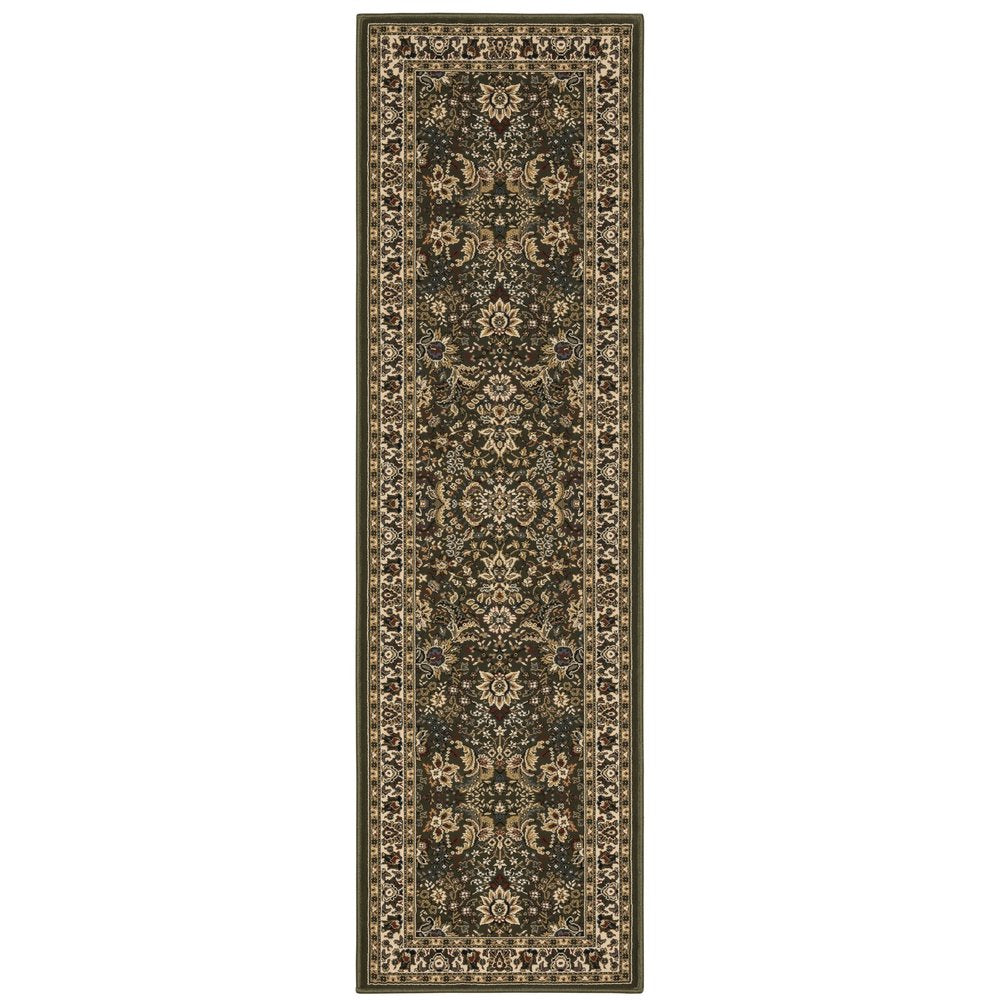 9' Green And Ivory Oriental Runner Rug