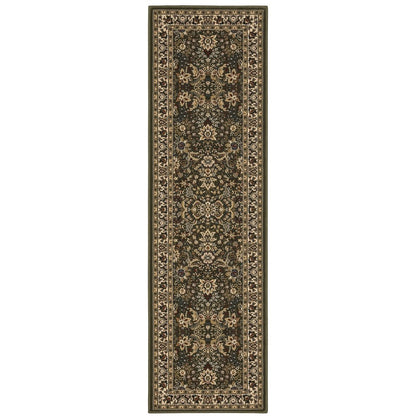 9' Green And Ivory Oriental Runner Rug