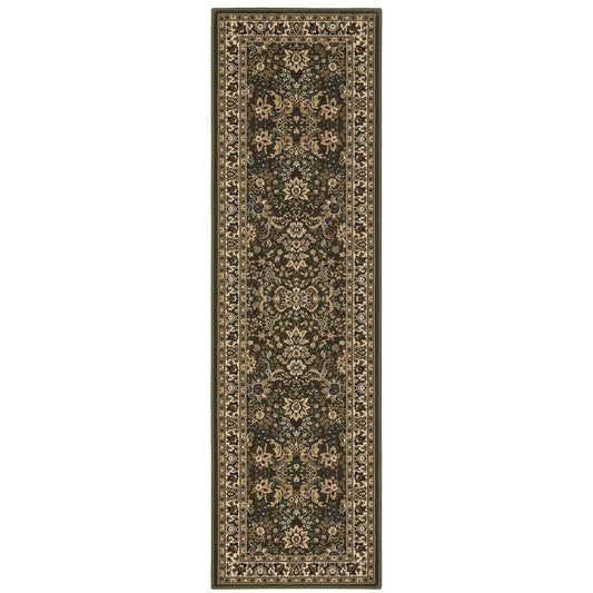 9' Green And Ivory Oriental Runner Rug