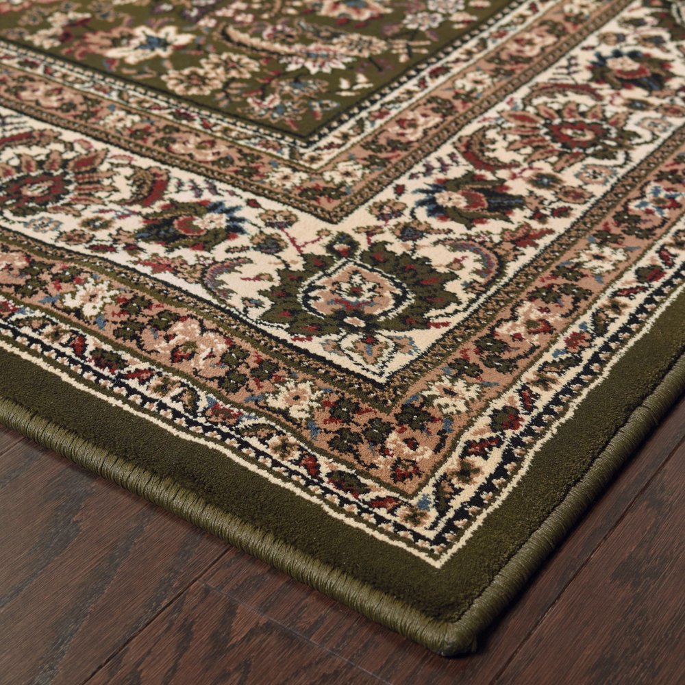 9' Green And Ivory Oriental Runner Rug
