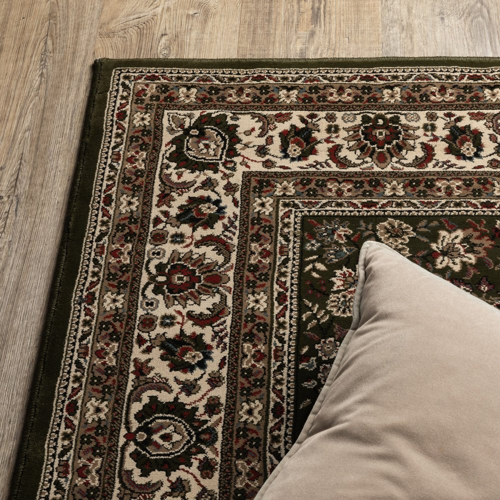 9' Green And Ivory Oriental Runner Rug