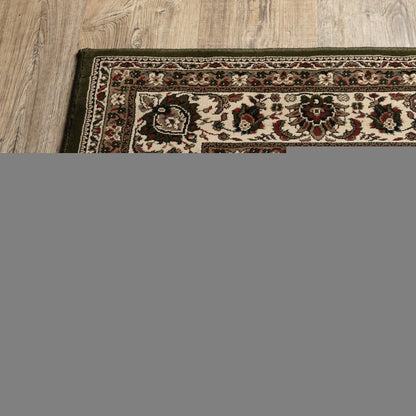 9' Green And Ivory Oriental Runner Rug