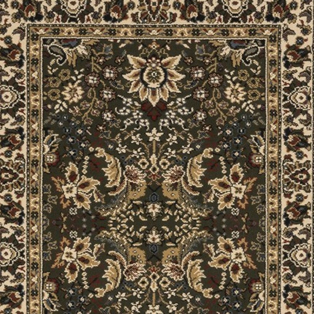 9' Green And Ivory Oriental Runner Rug
