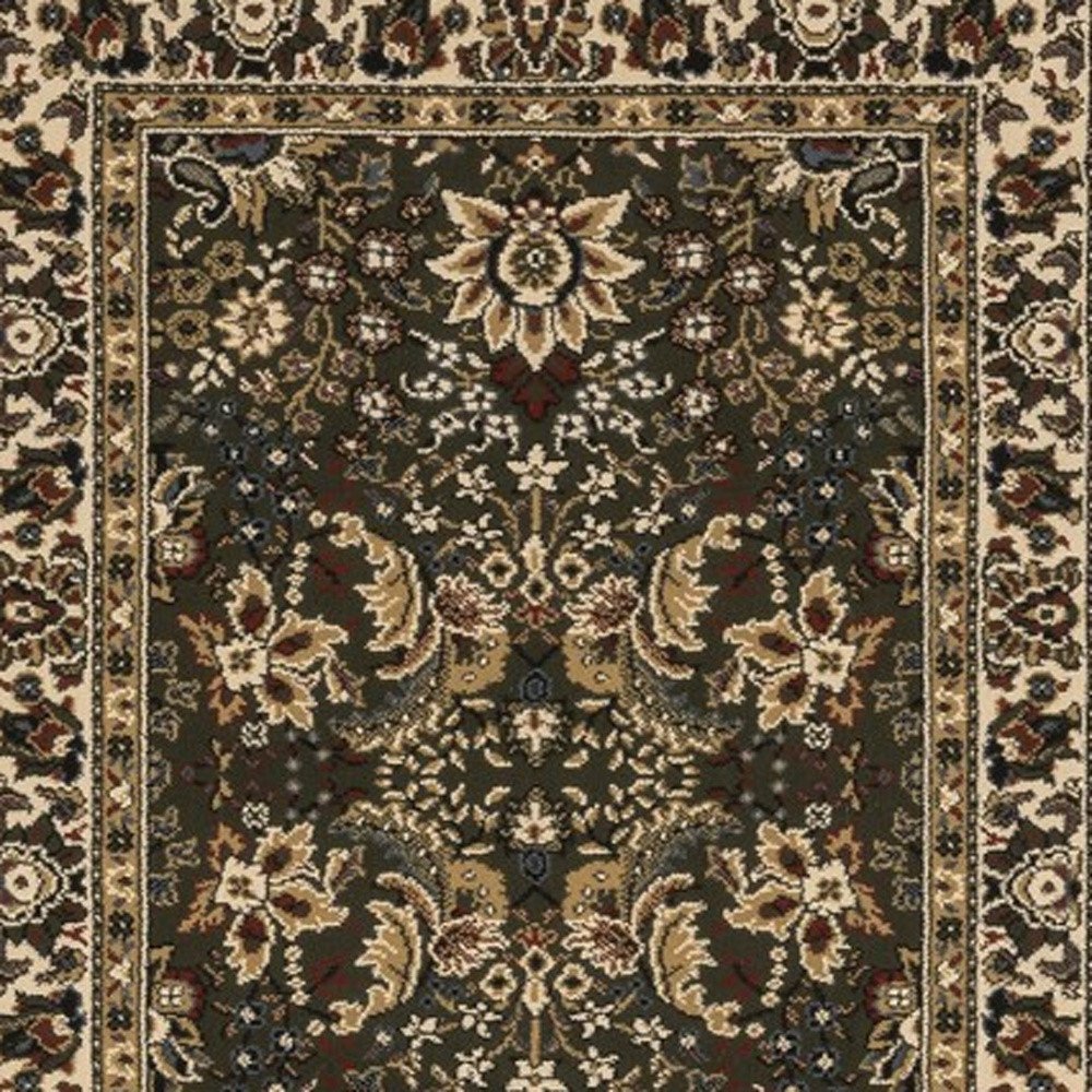 9' Green And Ivory Oriental Runner Rug