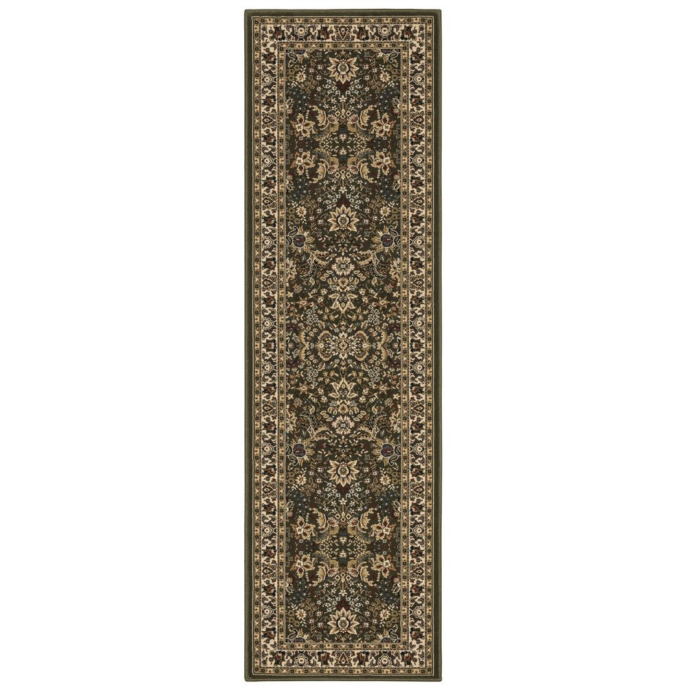 9' Green And Ivory Oriental Runner Rug