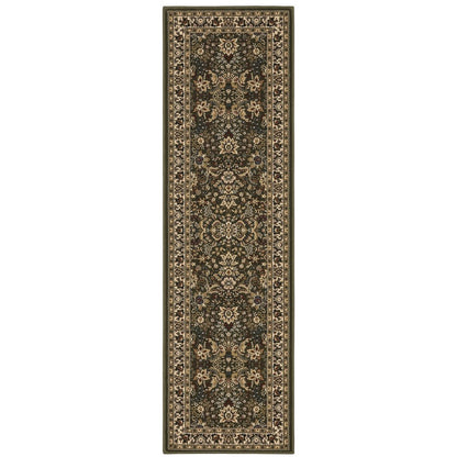 9' Green And Ivory Oriental Runner Rug