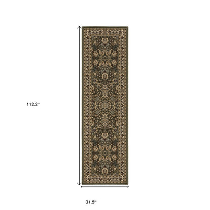 9' Green And Ivory Oriental Runner Rug