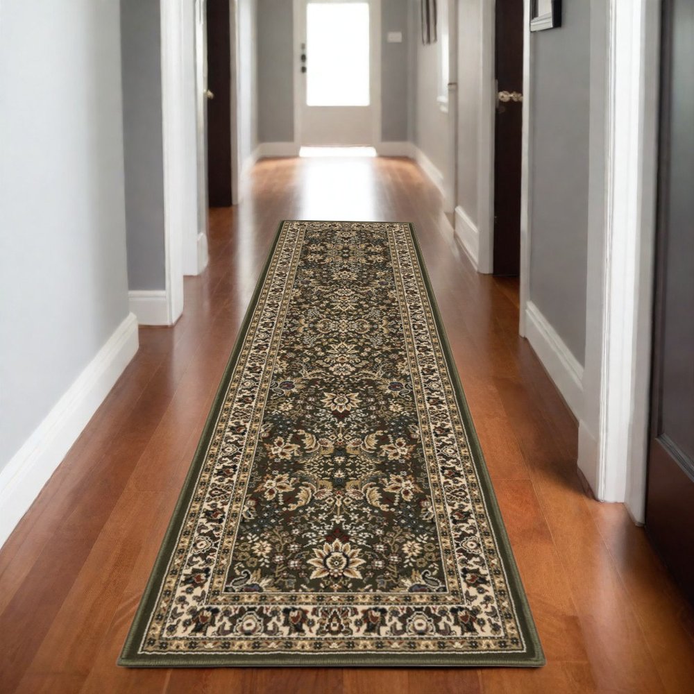 9' Green And Ivory Oriental Runner Rug