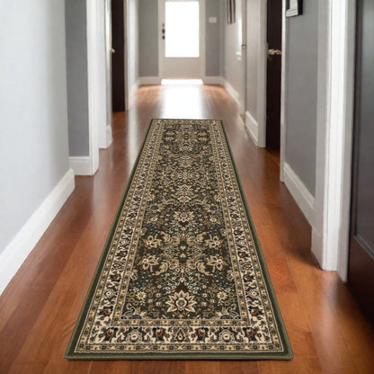 9' Green And Ivory Oriental Runner Rug