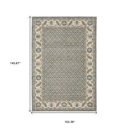 9' X 12' Blue And Ivory Oriental Area Rug