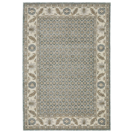 9' X 12' Blue And Ivory Oriental Area Rug