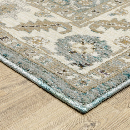9' X 12' Blue And Ivory Oriental Area Rug