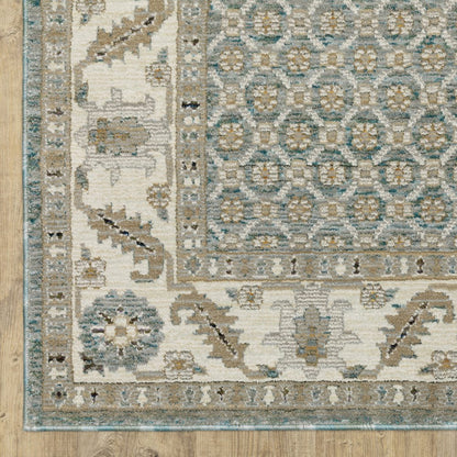 9' X 12' Blue And Ivory Oriental Area Rug