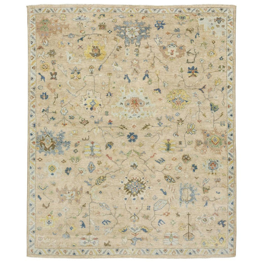 9' X 12' Gray Green And Yellow Wool Oriental Hand Knotted Area Rug With Fringe