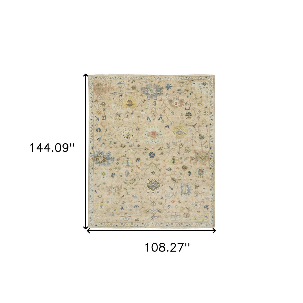 9' X 12' Gray Green And Yellow Wool Oriental Hand Knotted Area Rug With Fringe