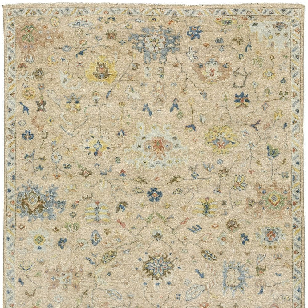 9' X 12' Gray Green And Yellow Wool Oriental Hand Knotted Area Rug With Fringe