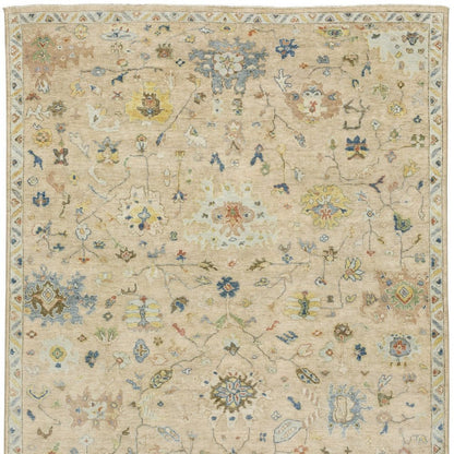 9' X 12' Gray Green And Yellow Wool Oriental Hand Knotted Area Rug With Fringe