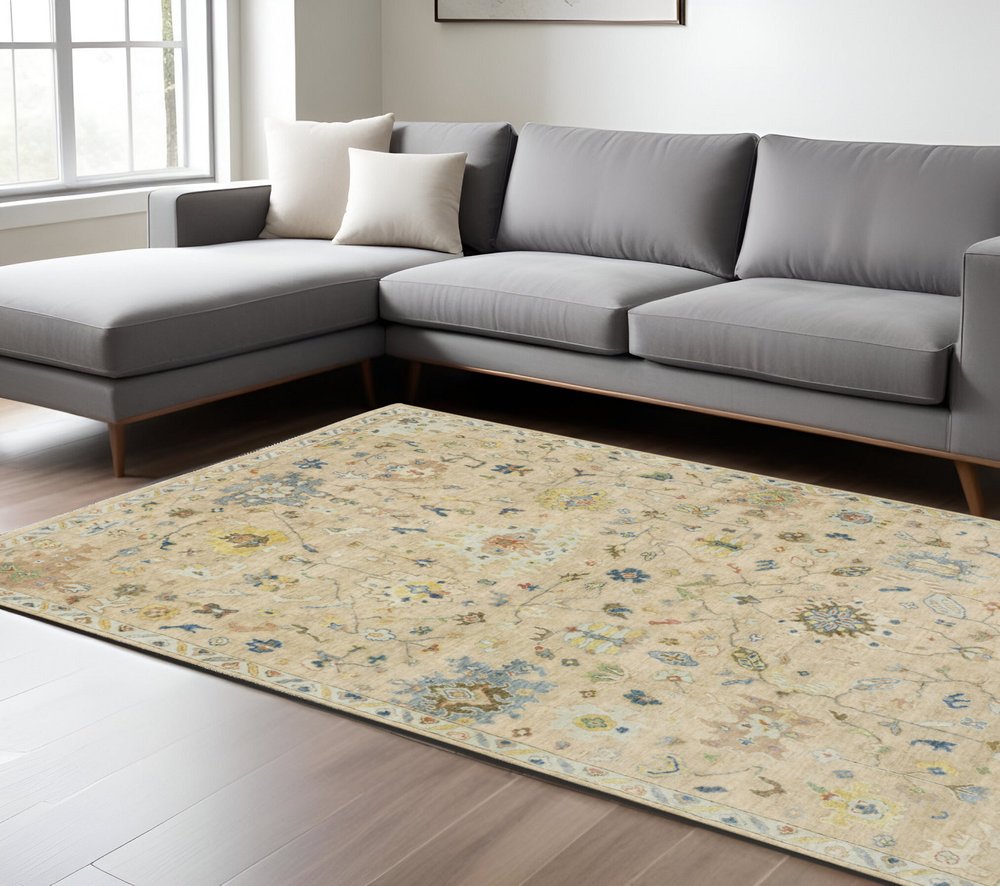 9' X 12' Gray Green And Yellow Wool Oriental Hand Knotted Area Rug With Fringe