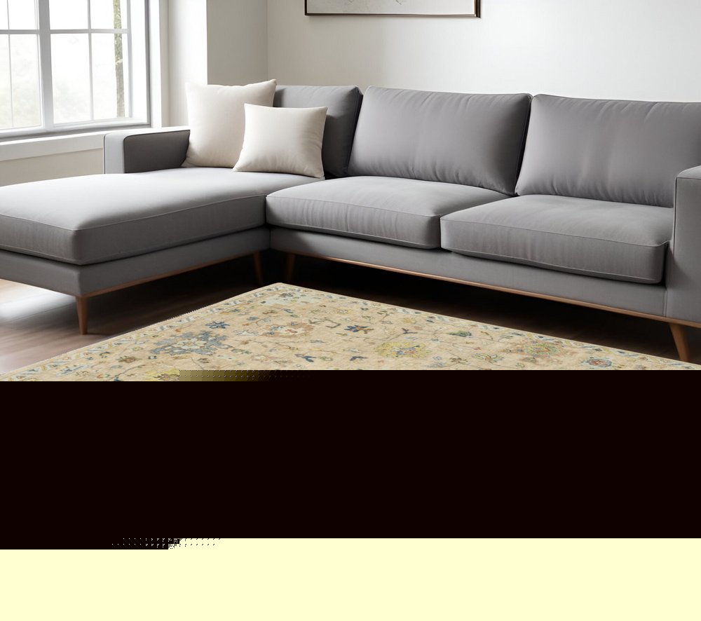 9' X 12' Gray Green And Yellow Wool Oriental Hand Knotted Area Rug With Fringe