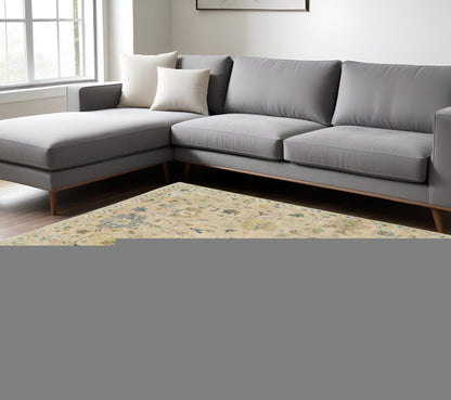 9' X 12' Gray Green And Yellow Wool Oriental Hand Knotted Area Rug With Fringe