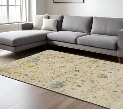 9' X 12' Gray Green And Yellow Wool Oriental Hand Knotted Area Rug With Fringe